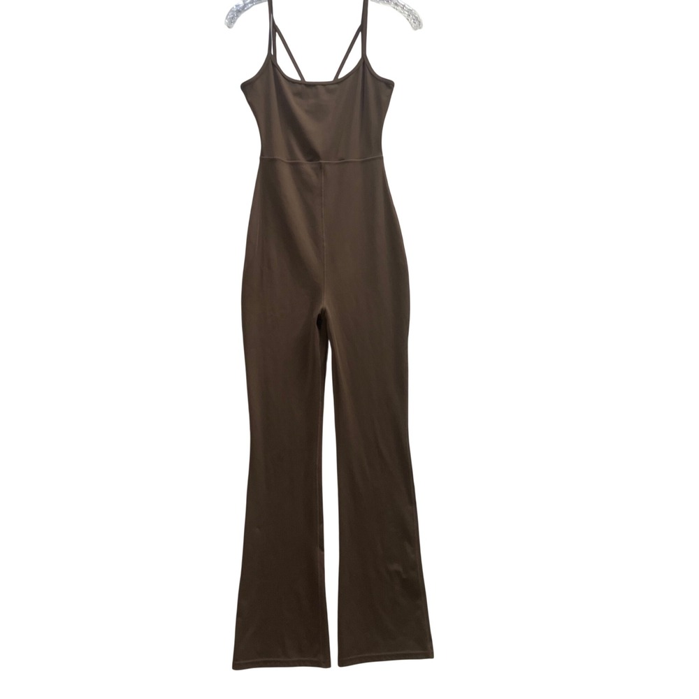OTOS Womens XS or S Chocolate Brown Flare Leg Jumpsuit Crisscross Back Bodycon